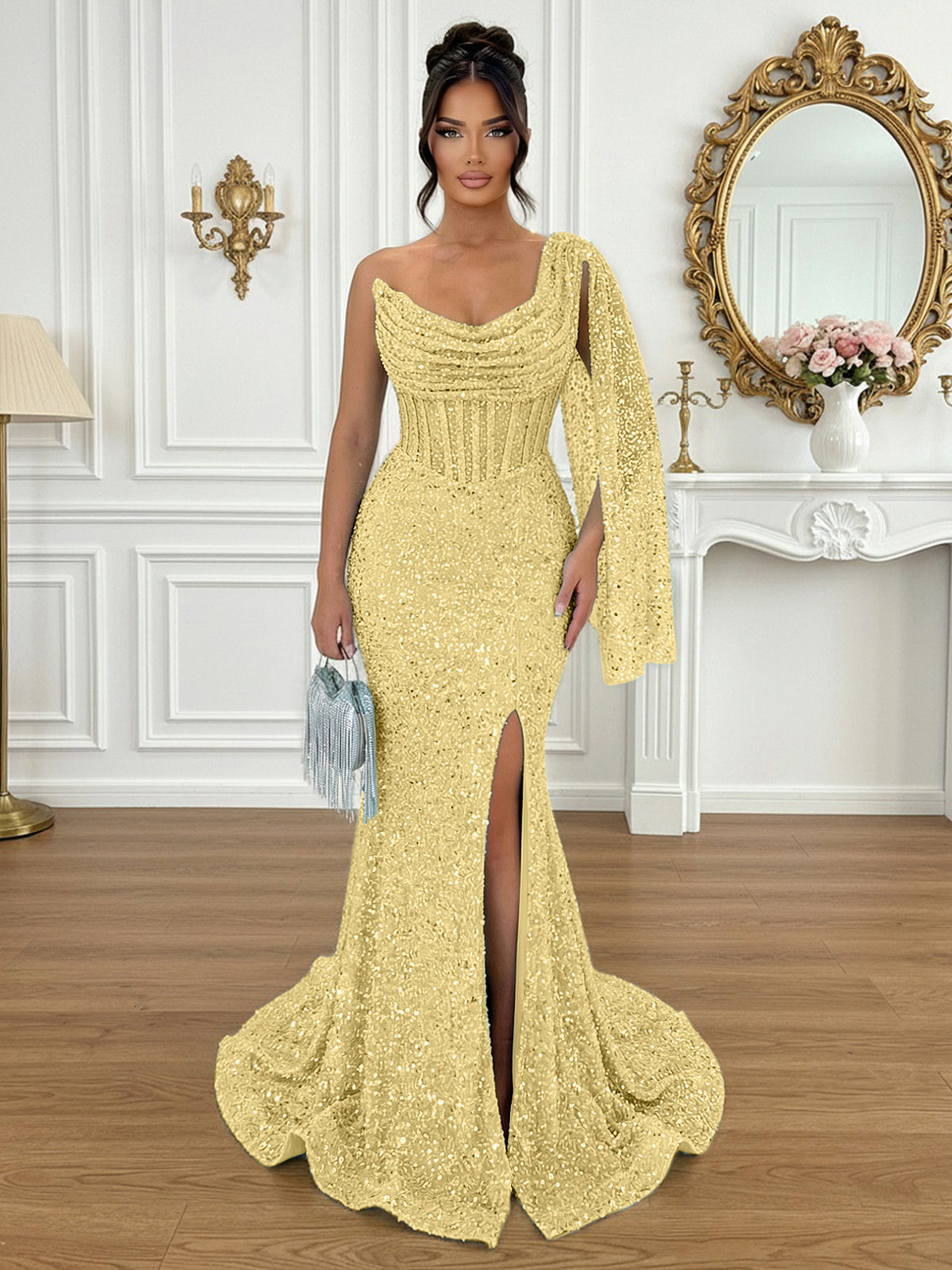 Glamorous Ice Blue One-Shoulder Sequin Corset Mermaid Prom Dresses with Slit