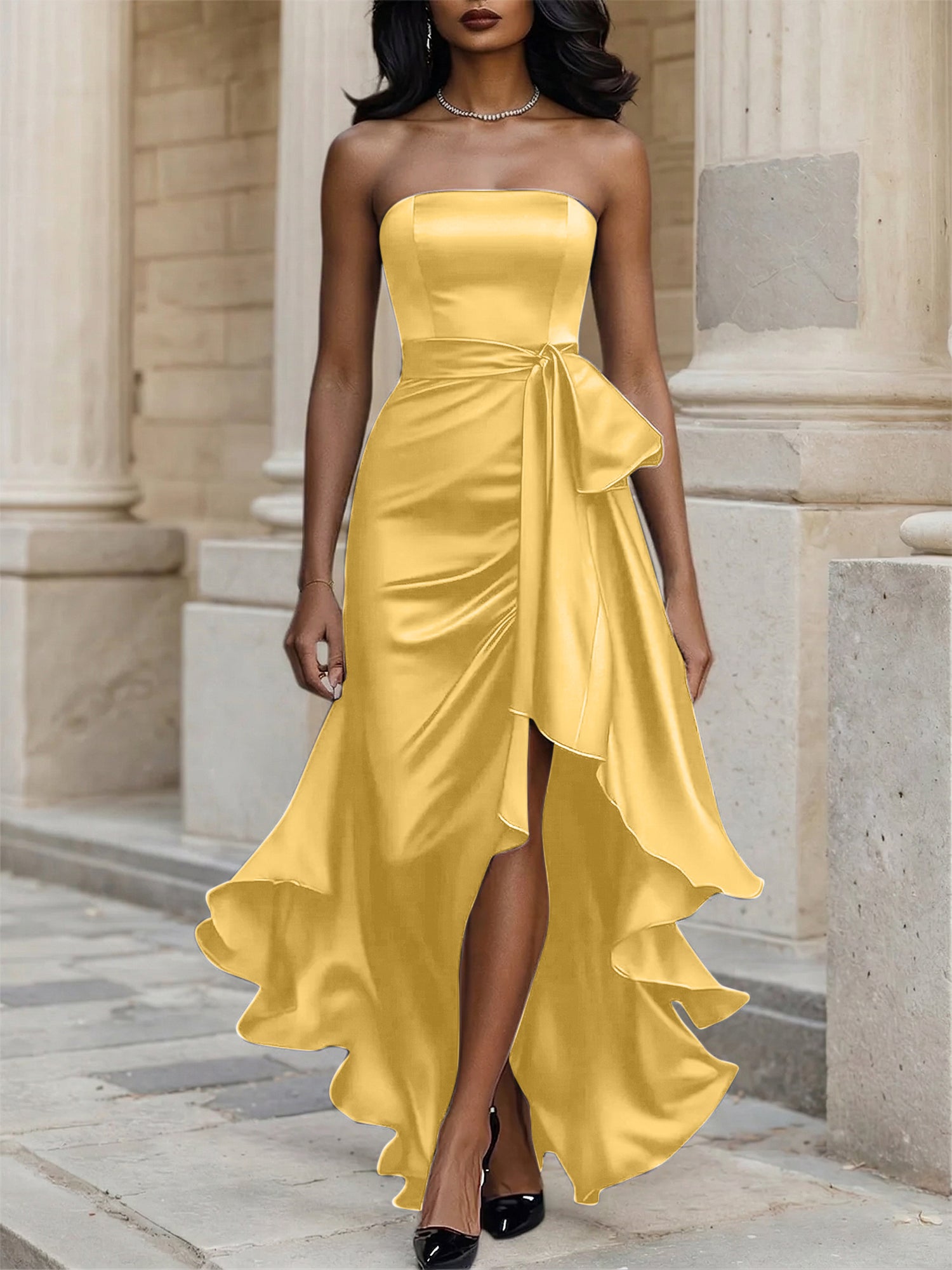 Glamorous Formal Dress Midnight Navy Strapless Satin Gown Midi Dress