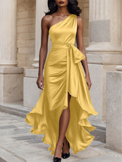 Glamorous Formal Dress Midnight Navy One Shoulder High-Low Satin Gown Midi Dress
