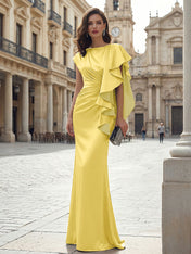 Elegant Formal Evening Dress Moonlight Silver Asymmetrical Ruffle Satin Gown