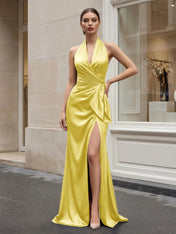 Navy Blue Halter V-Neck Satin Gown with Side Knot and High Slit Evening Dress