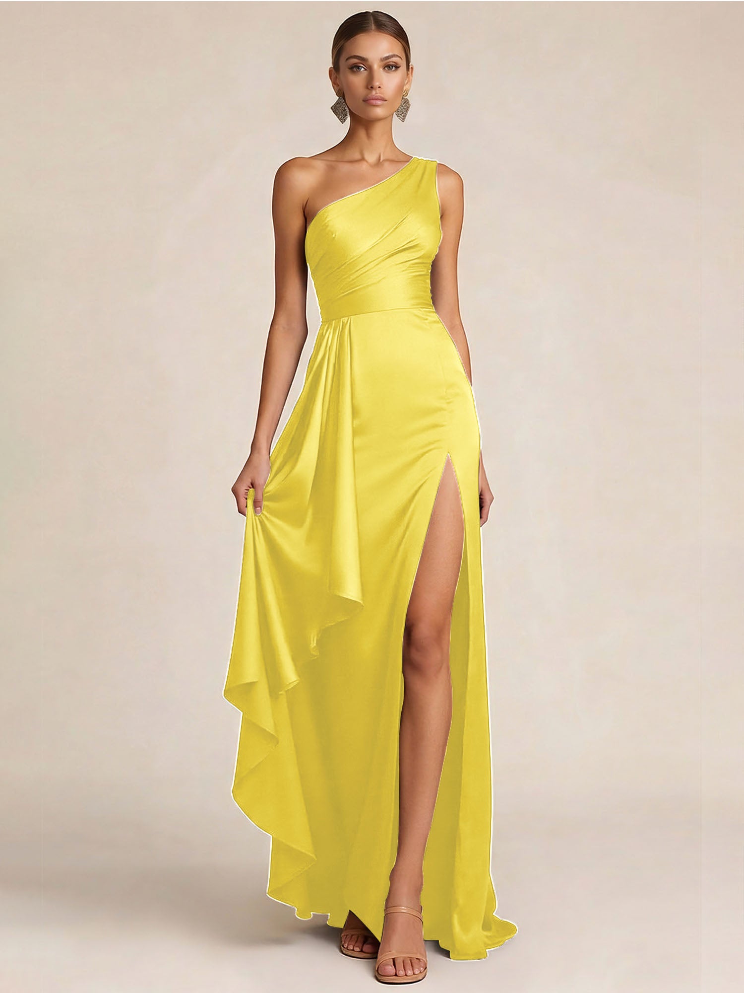 Sleek Foraml Evening Gown Midnight Navy One-Shoulder Satin Slit Maxi Dress