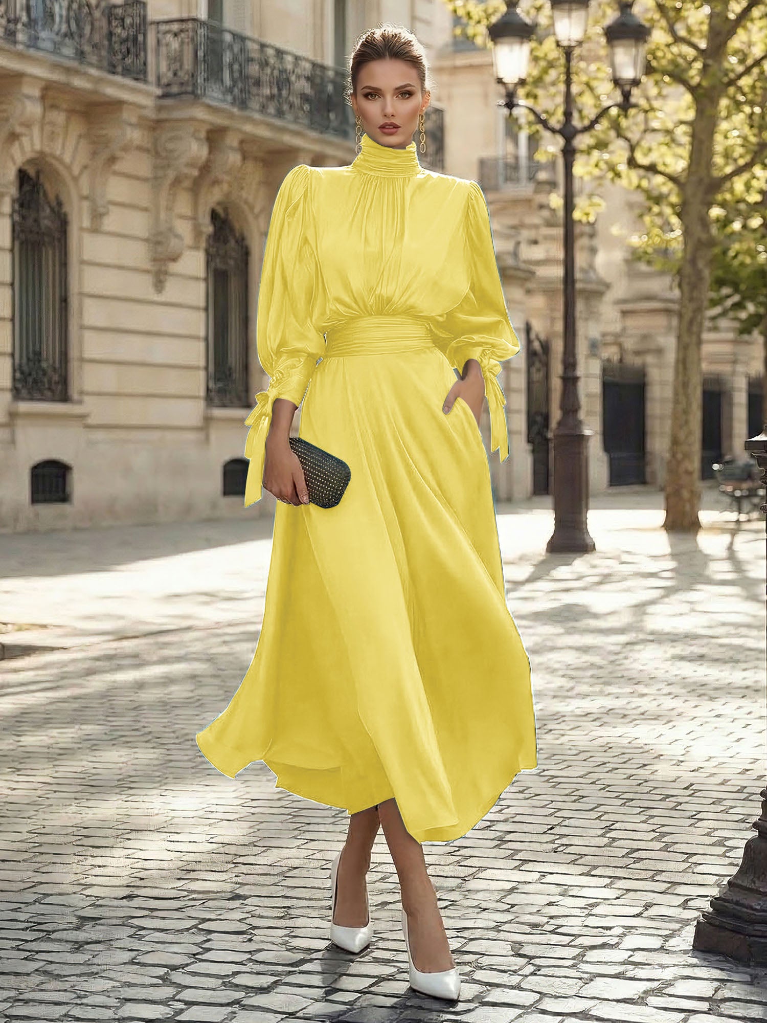 Sophisticated Emerald Green Satin High-Neck Midi Dress Gown