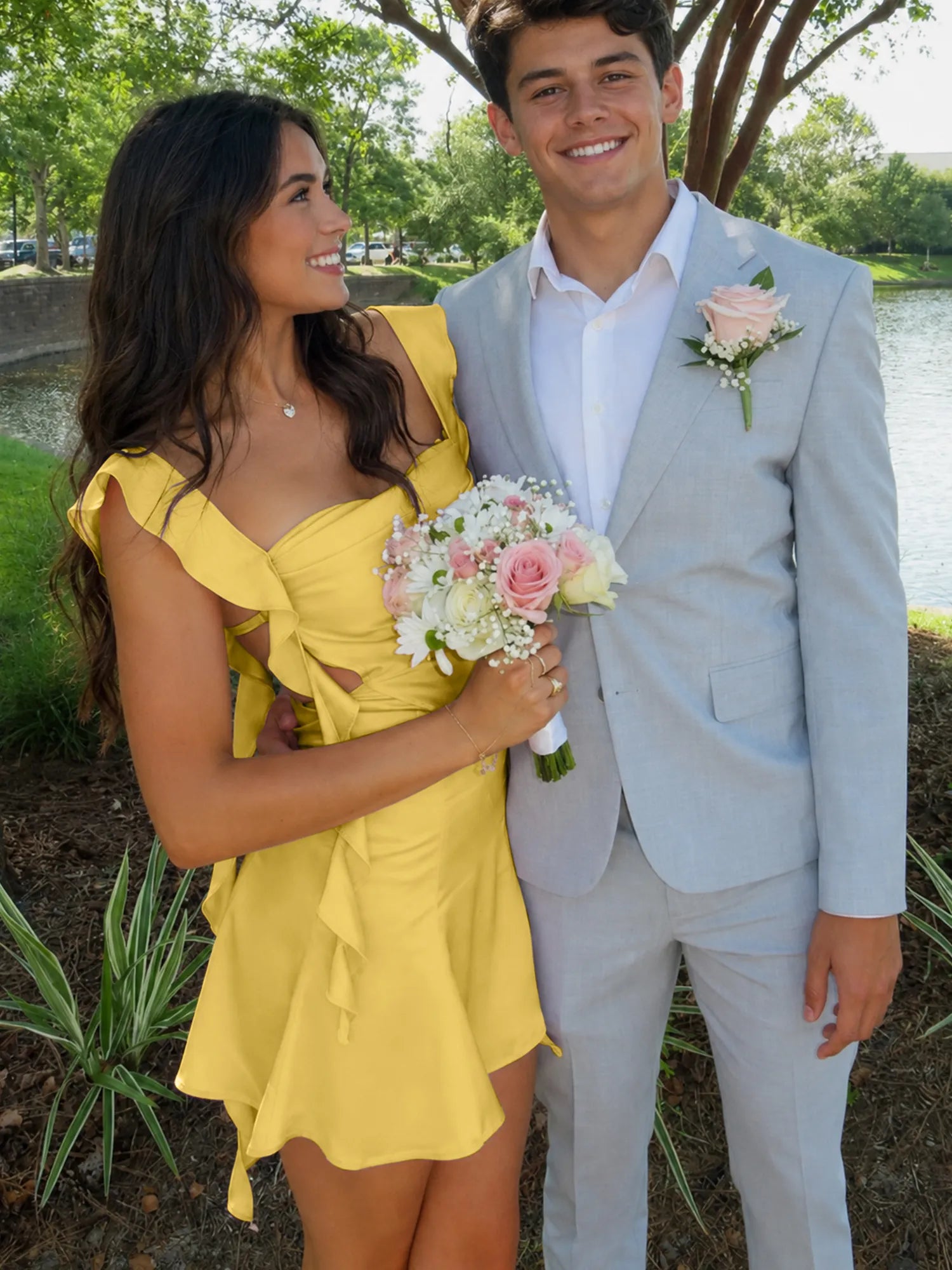 Ruffle Strap Short Homecoming Dress with Cutouts