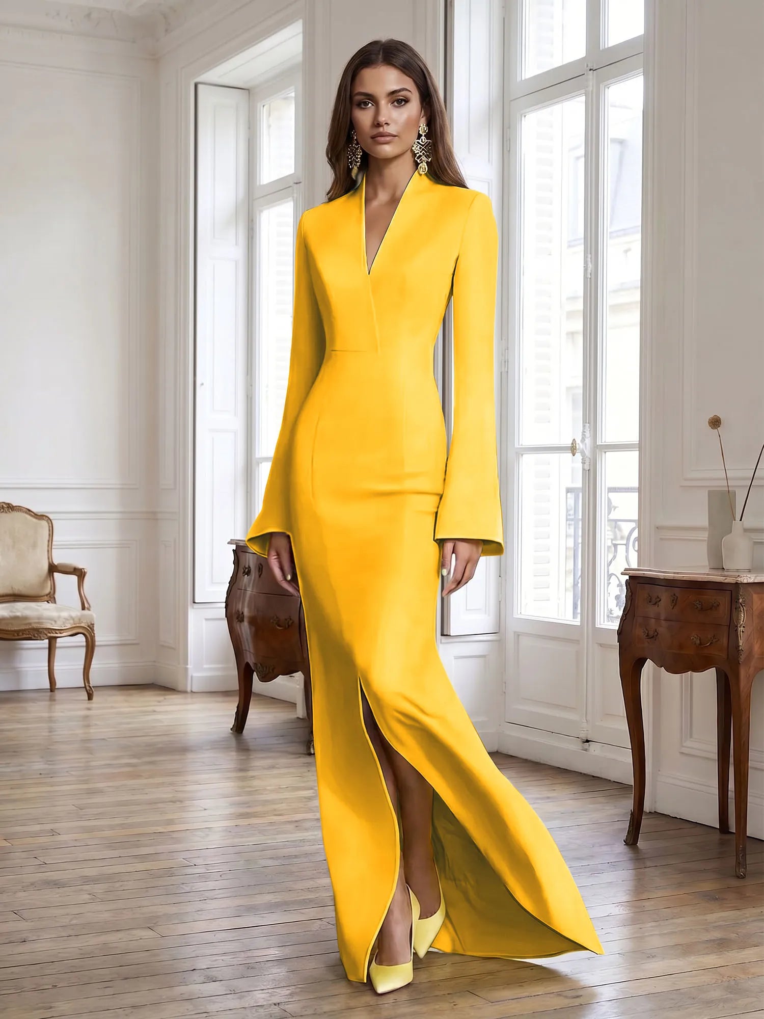Yellow Long Bell Sleeve Mermaid Evening Gown with Asymmetric V-Neck Formal Dresses