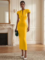 White Ruched Classic Notched Short Sleeve Puff Sleeve Sheath Midi Dress