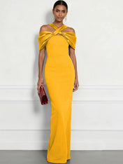 Regal Plum Crepe Column Gown with Satin Criss-Cross Halter Maxi Dress