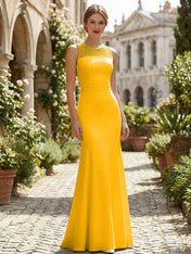 Pure White Sequin Neckline Sleeveless Mermaid Maxi Dress Gown