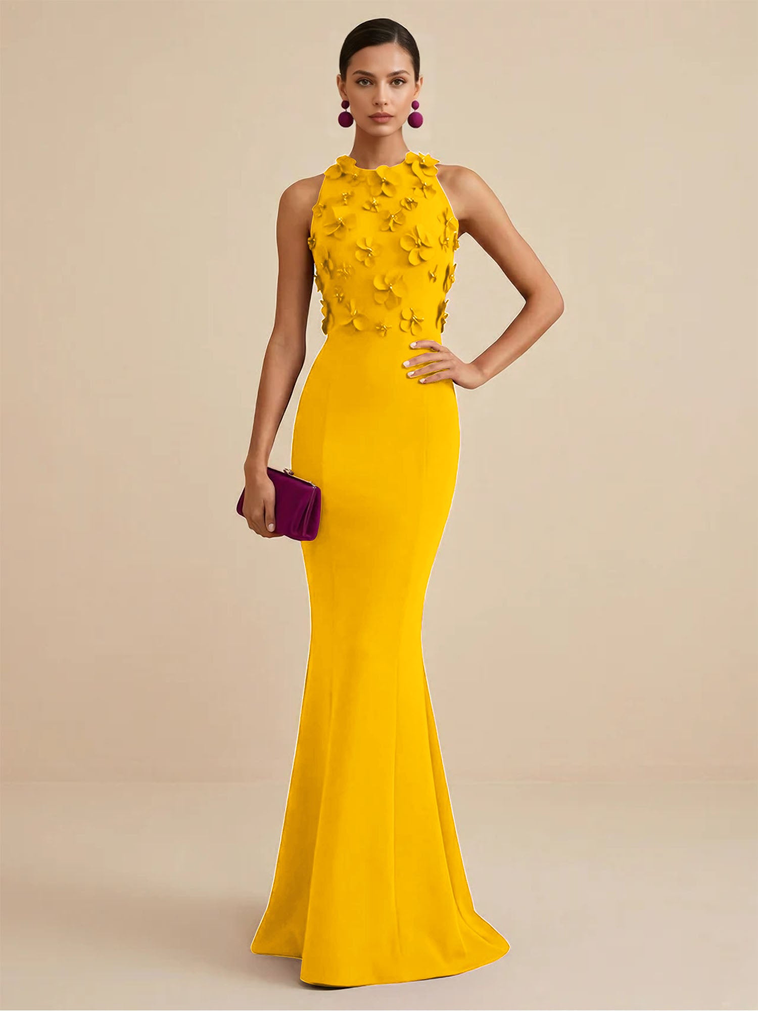 Deep Fuchsia Sleeveless High Neck 3D Floral Mermaid Formal Gown Evening Dress