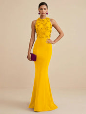 Deep Fuchsia Sleeveless High Neck 3D Floral Mermaid Formal Gown Evening Dress