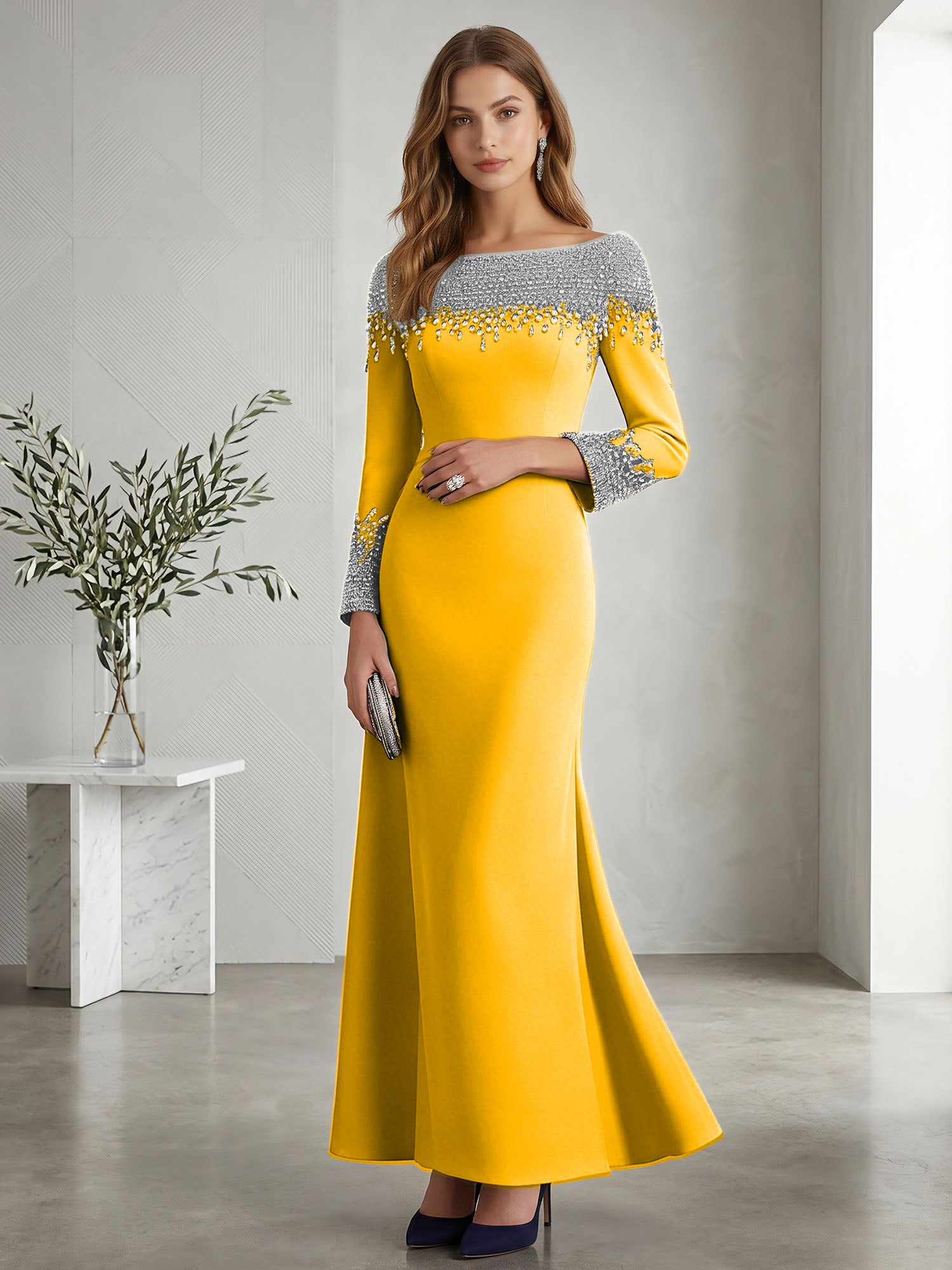 Formal Evening Dress Midnight Navy Velvet Long Sleeves Maxi Dress with Crystal