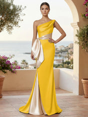 One Shoulder Mermaid Satin Pleat Evening Dresses with Bow
