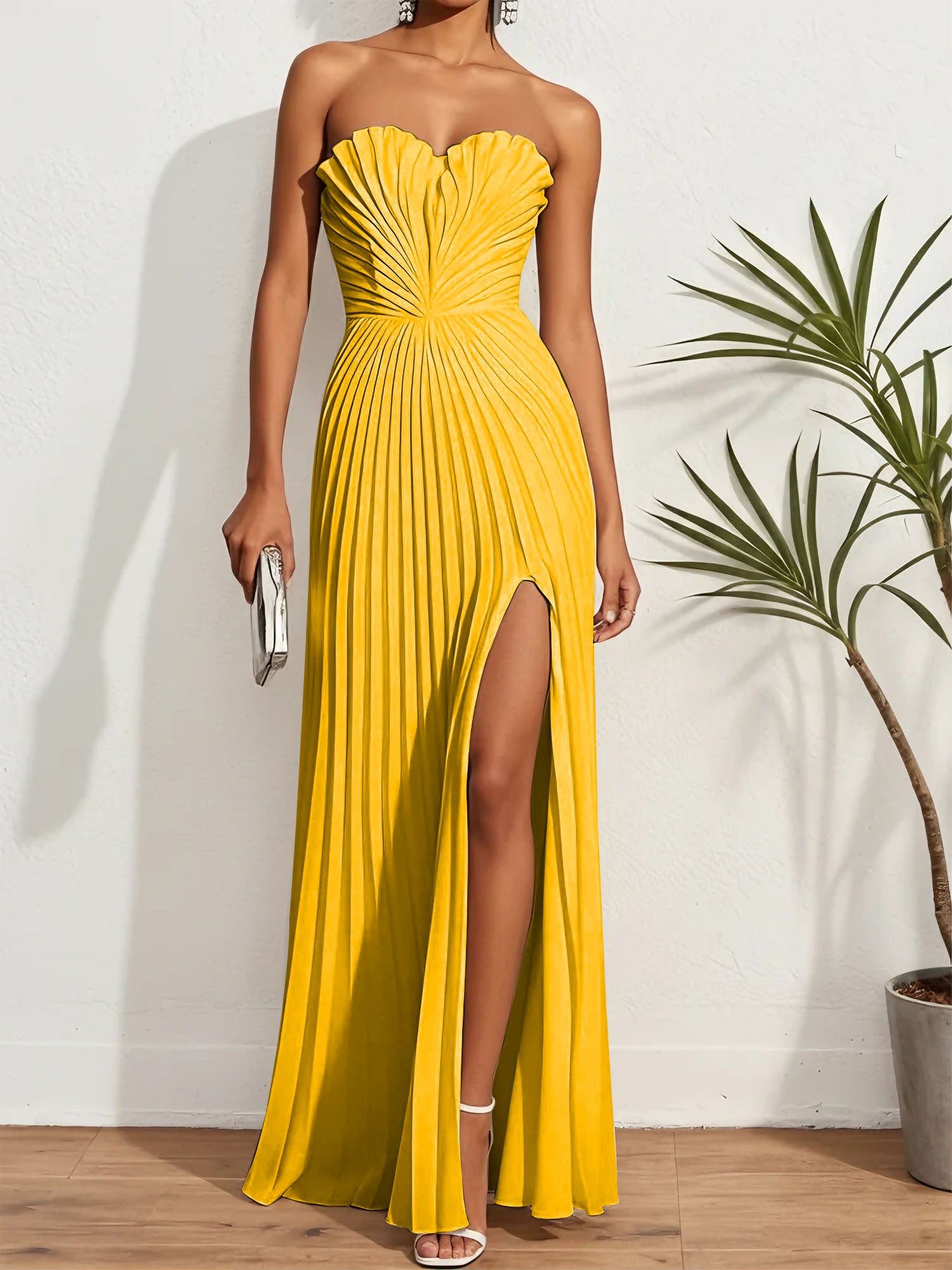 Pleated Classic Strapless Sleeveless A-Line Maxi Dress