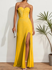 Pleated Classic Strapless Sleeveless A-Line Maxi Dress