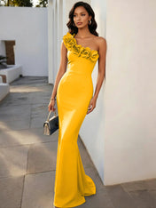 Navy Blue 3D Floral Classic One Shoulder Sleeveless Mermaid Gown Dress