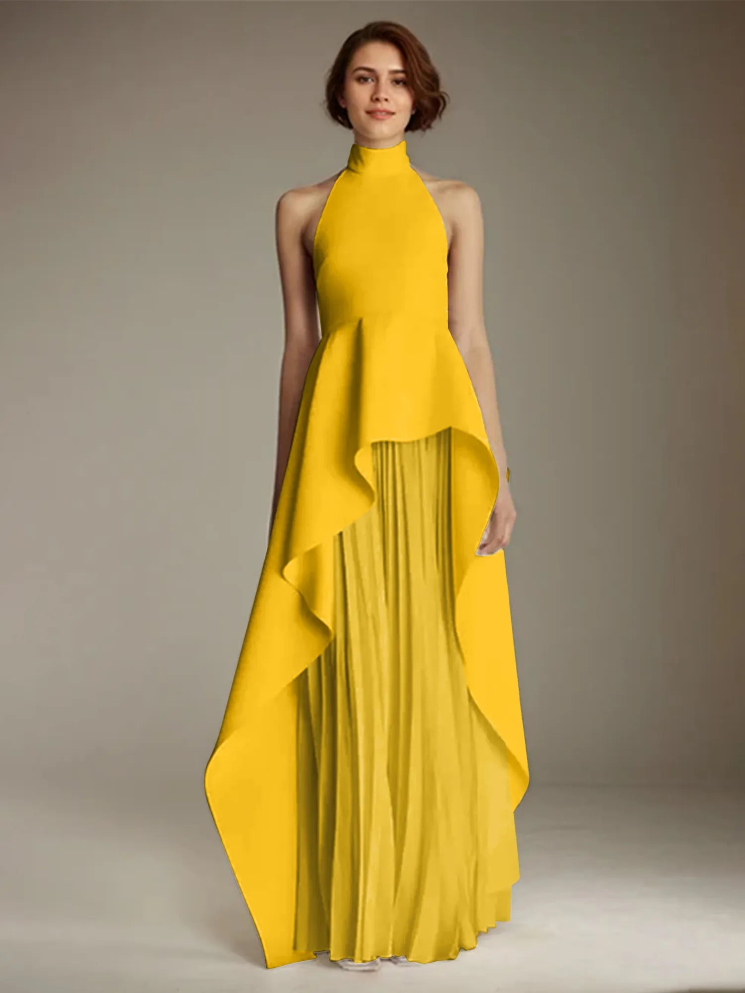 White Sleeveless High Neck Chiffon Long Formal Dress With Ruffles