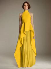 White Sleeveless High Neck Chiffon Long Formal Dress With Ruffles