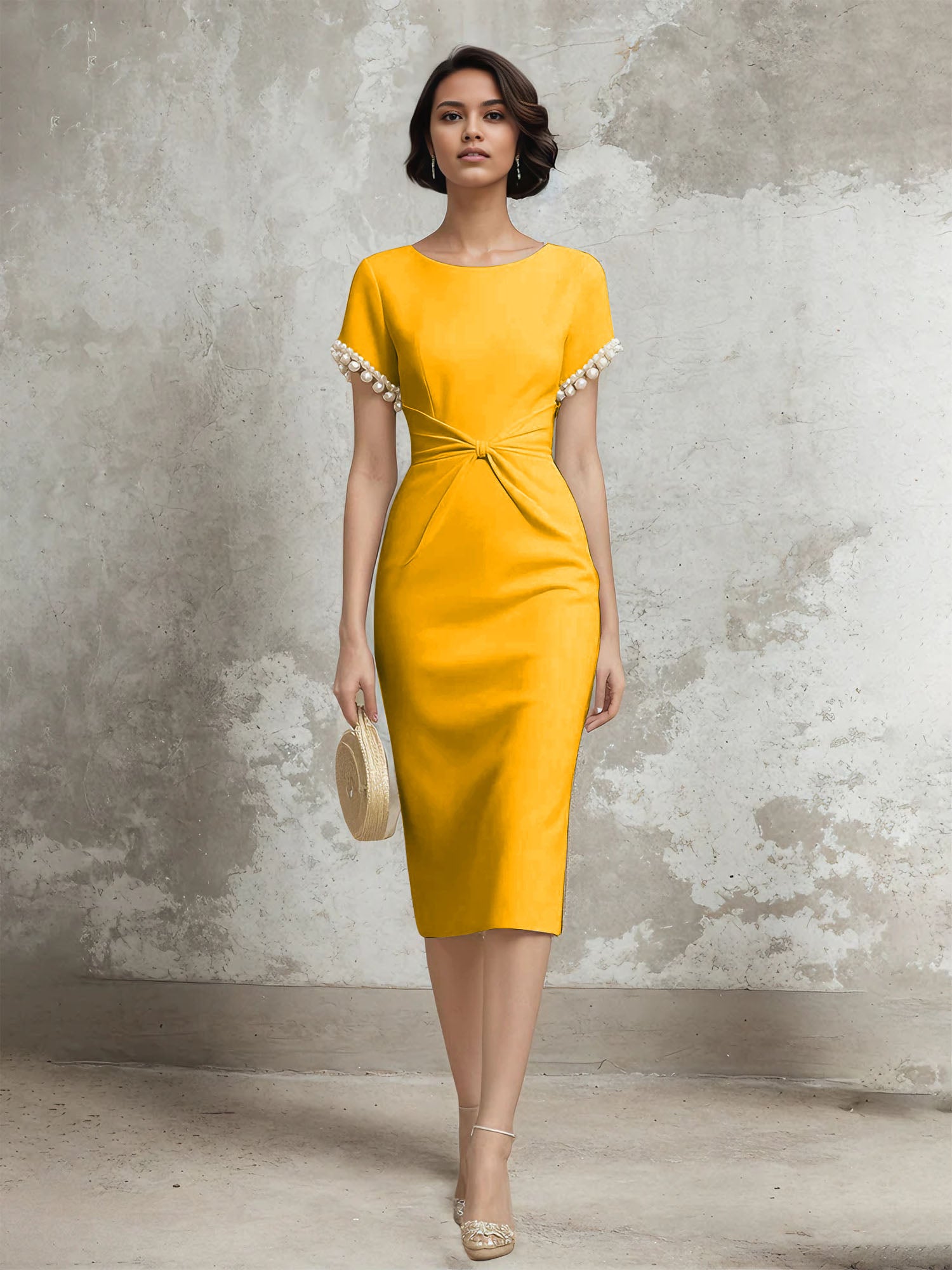 White Stretch Crepe Sheath/Column Short Sleeve Tea Length Dress With Pearls