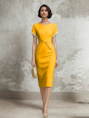 White Stretch Crepe Sheath/Column Short Sleeve Tea Length Dress With Pearls