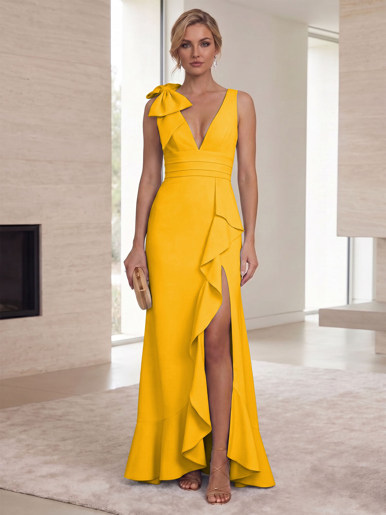 Ice Blue Bow-Accent Ruffle Slit Gown Formal Evening Dress
