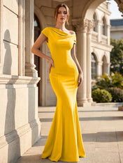 Black One Shoulder Maxi Dresses with Pleat Mermaid Formal Dress