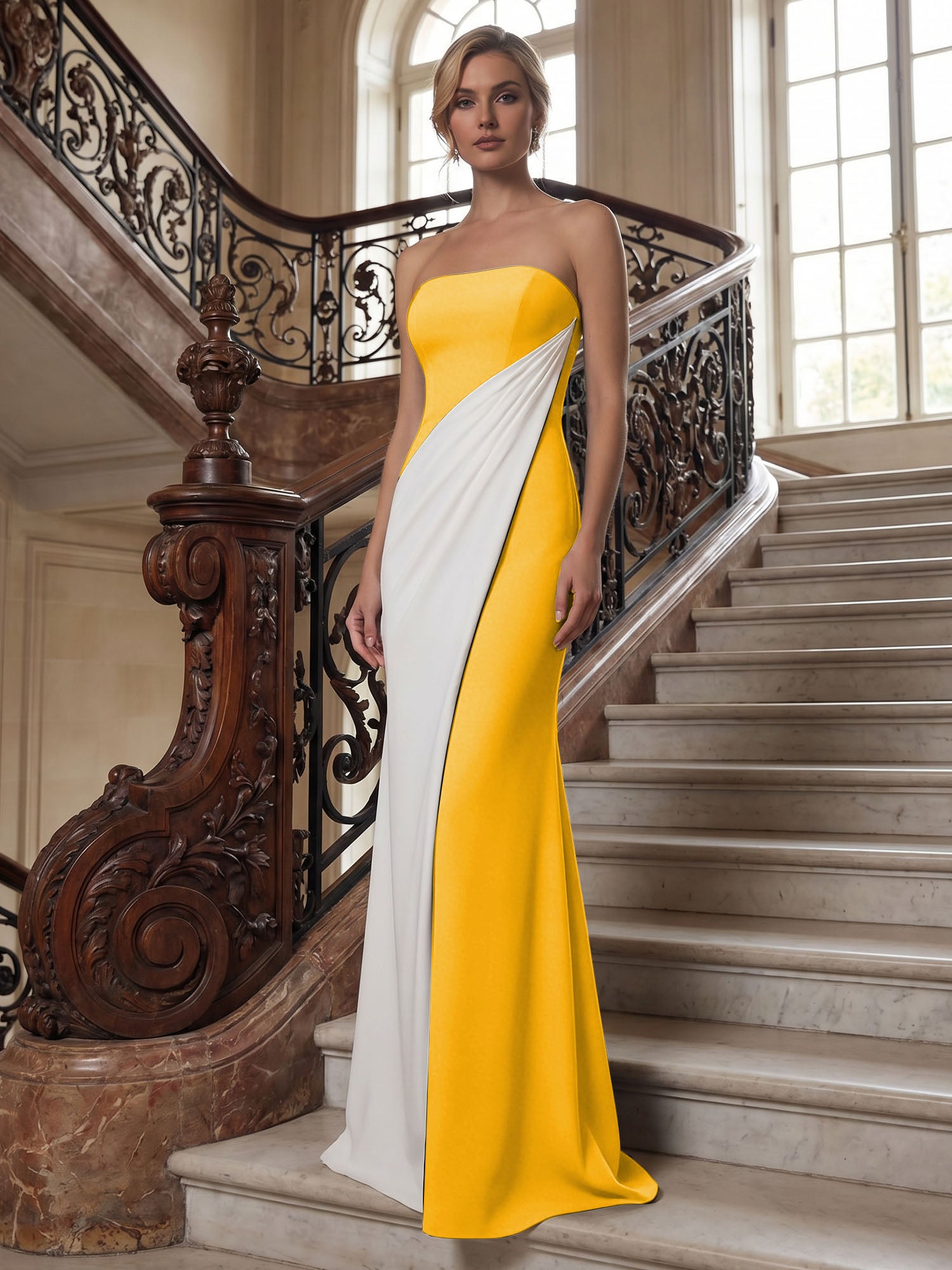 Black White Sheath Strapless Elegant Maxi Formal Dress