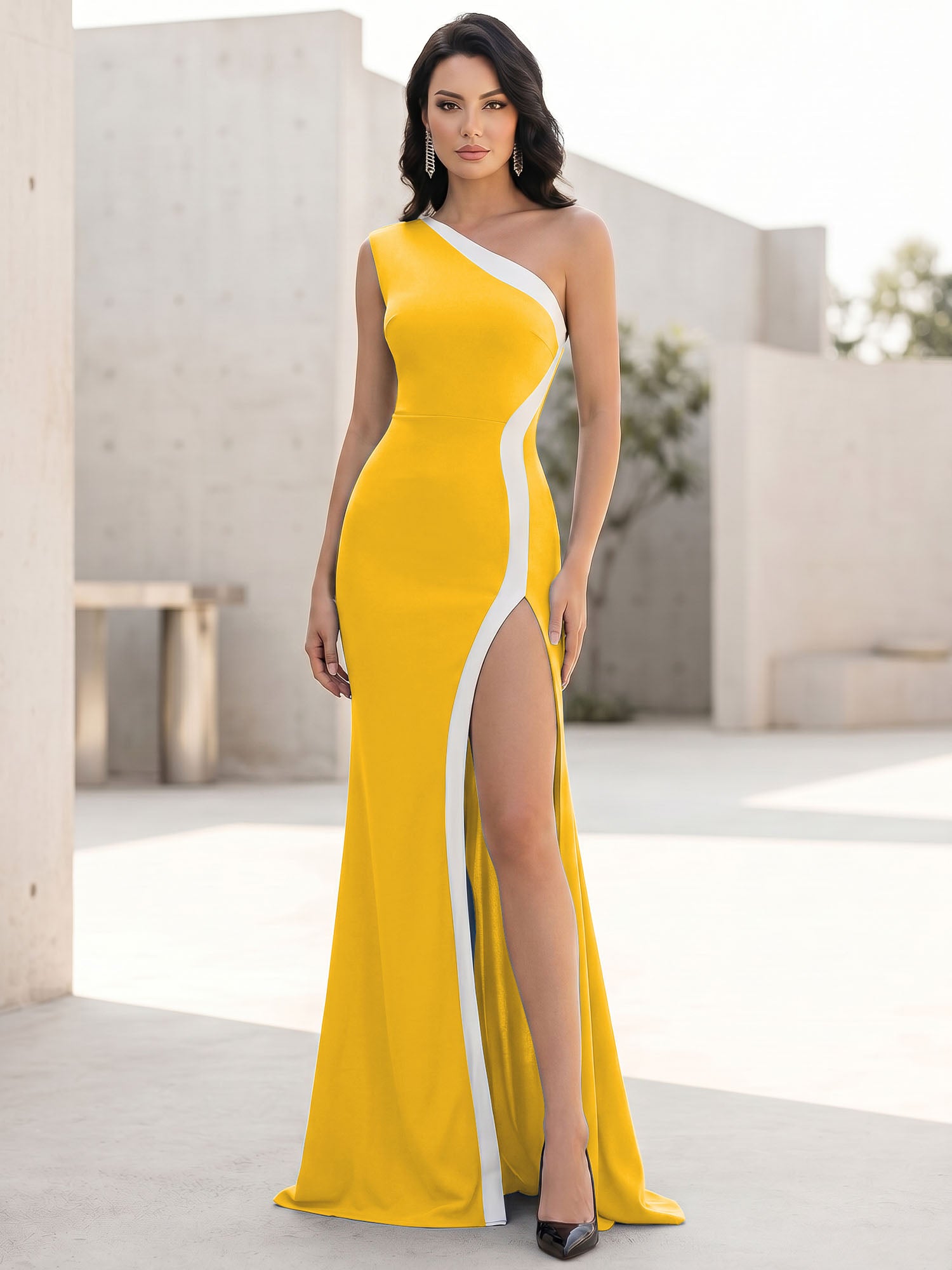 Elegant Black One-Shoulder Contrast Trim High-Slit Evening Gown