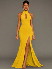Mermaid Halter Neck Satin Formal Dress with Slit