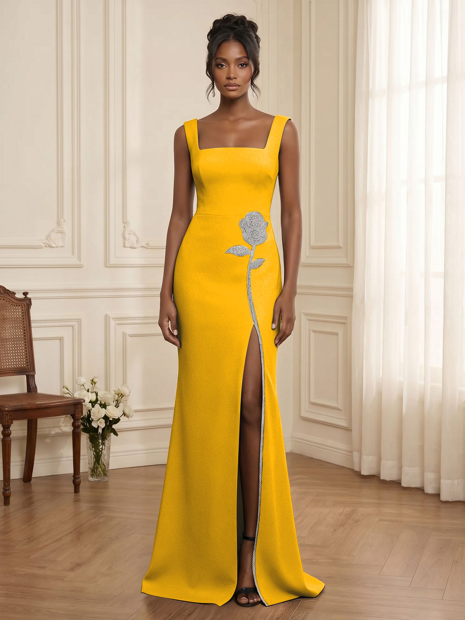 Formal Evening Dress Glamorous Black Square-Neck Crystal Rose Slit Gown