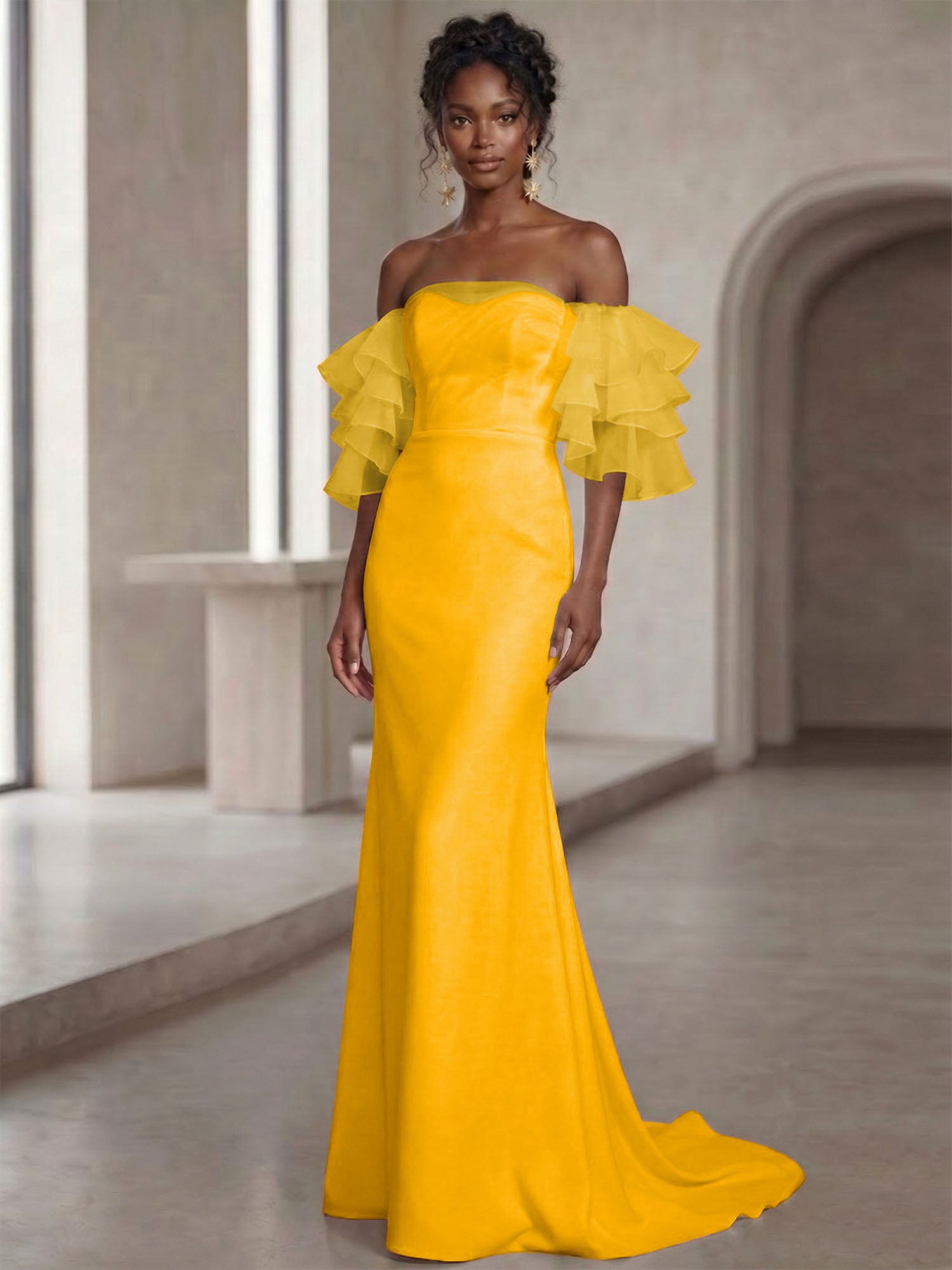 White Mermaid Off the Shoulder Ruffled Long Wedding Reception Dress
