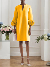 Pink 3D Floral Classic Notched Long Sleeve A-Line Midi Dress