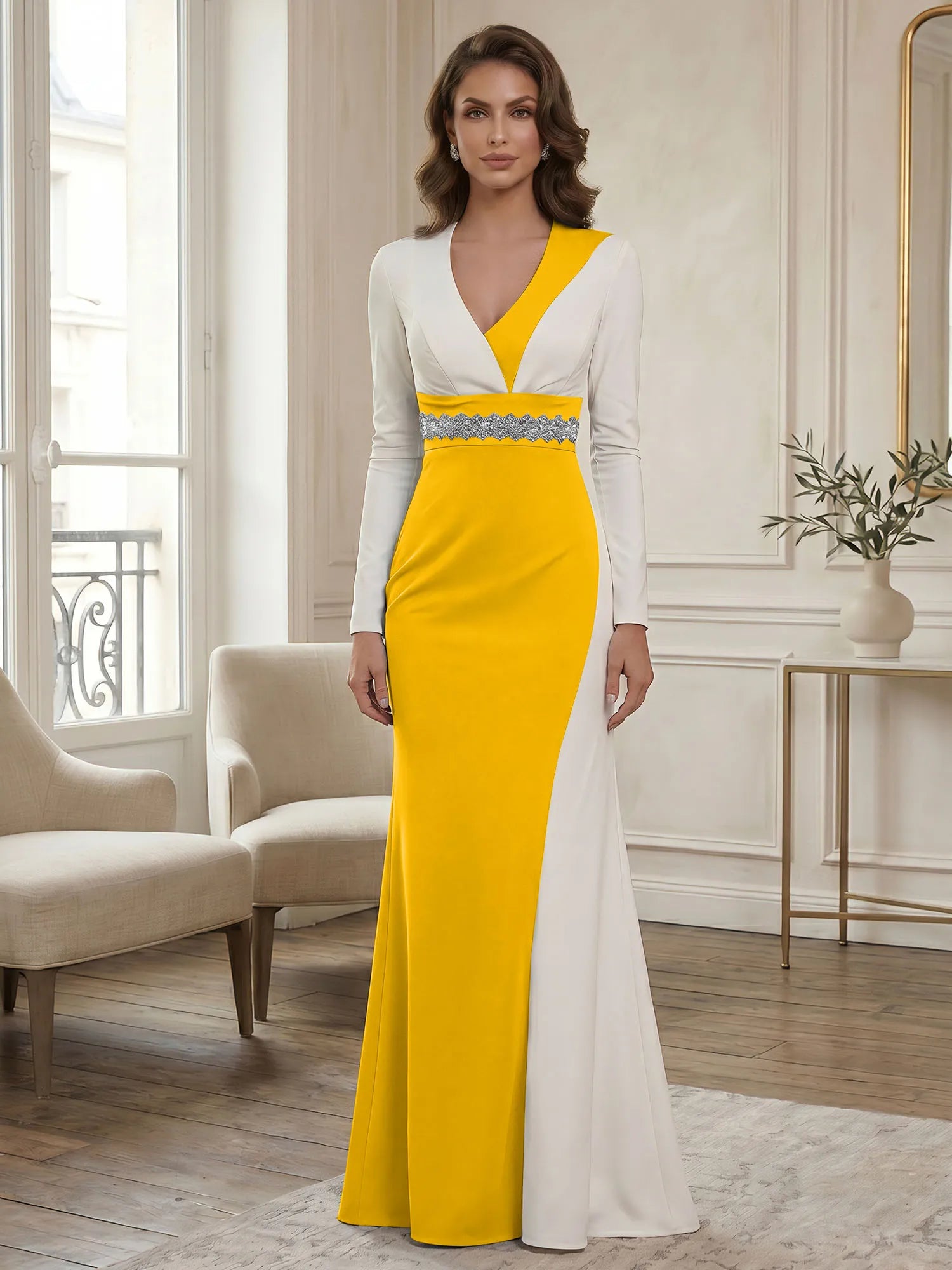 Elegant Navy & White Color-Block Long Sleeve Floor-Length Evening Gown Formal Dresses
