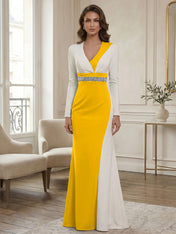 Elegant Navy & White Color-Block Long Sleeve Floor-Length Evening Gown Formal Dresses