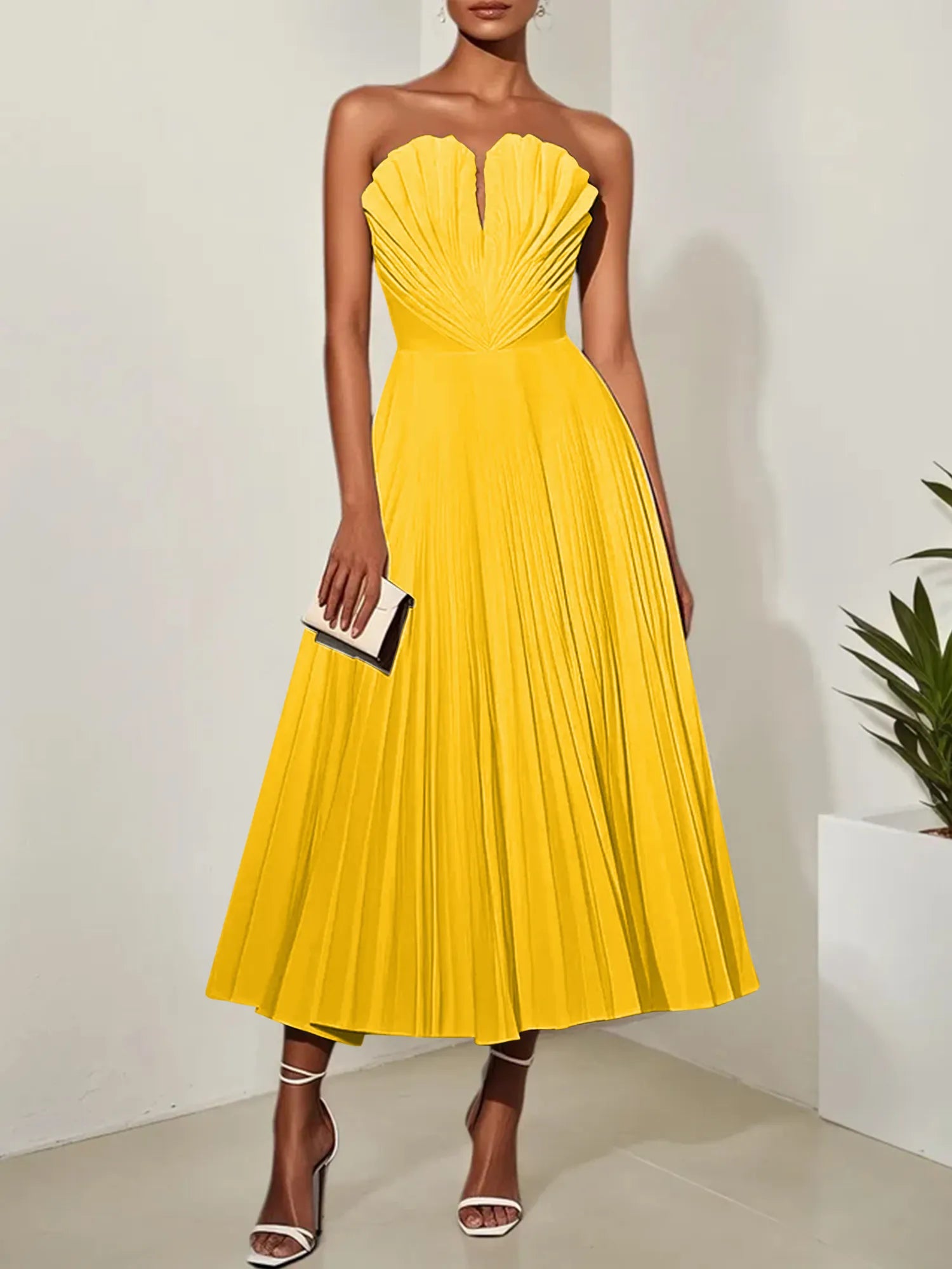 White Pleated Classic Strapless Sleeveless A-Line Midi Dress