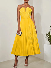 White Pleated Classic Strapless Sleeveless A-Line Midi Dress