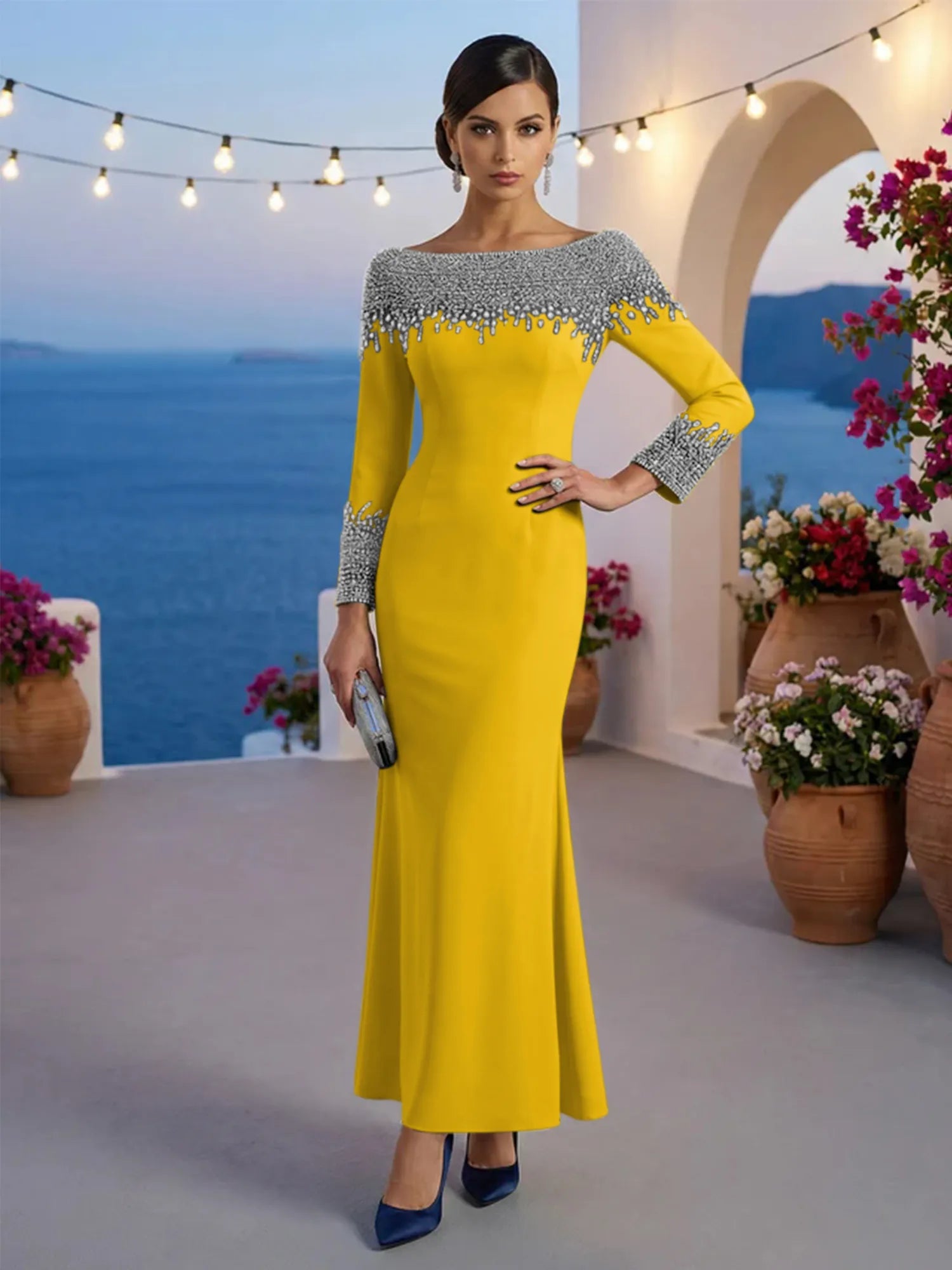 Formal Evening Dress Blue Velvet Long Sleeves Maxi Dress with Crystal