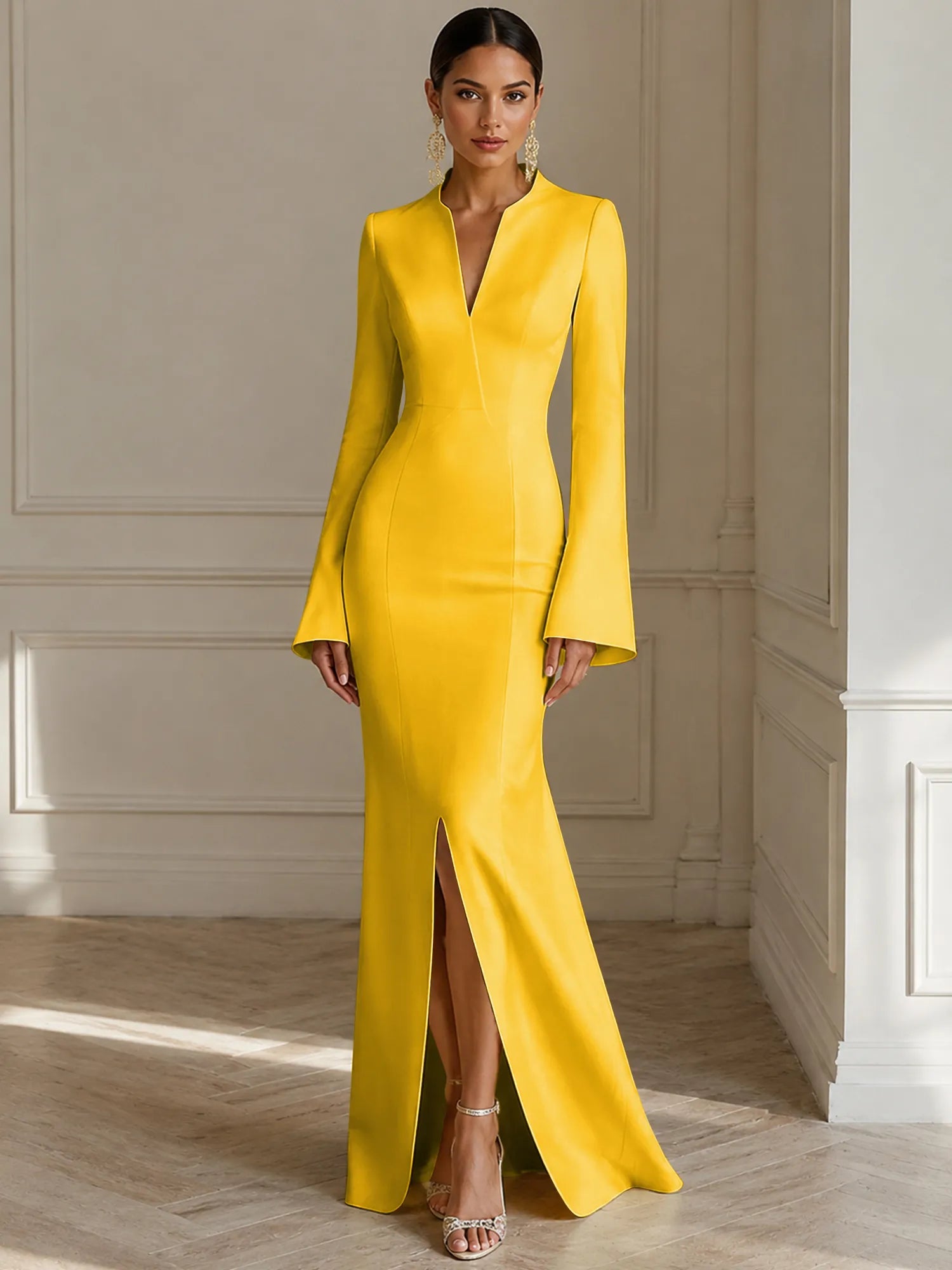 Formal Yellow V Neck Long Sleeves Floor Length Dress With Slit