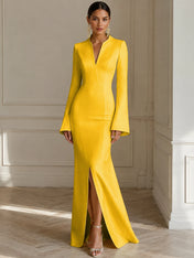 Formal Yellow V Neck Long Sleeves Floor Length Dress With Slit