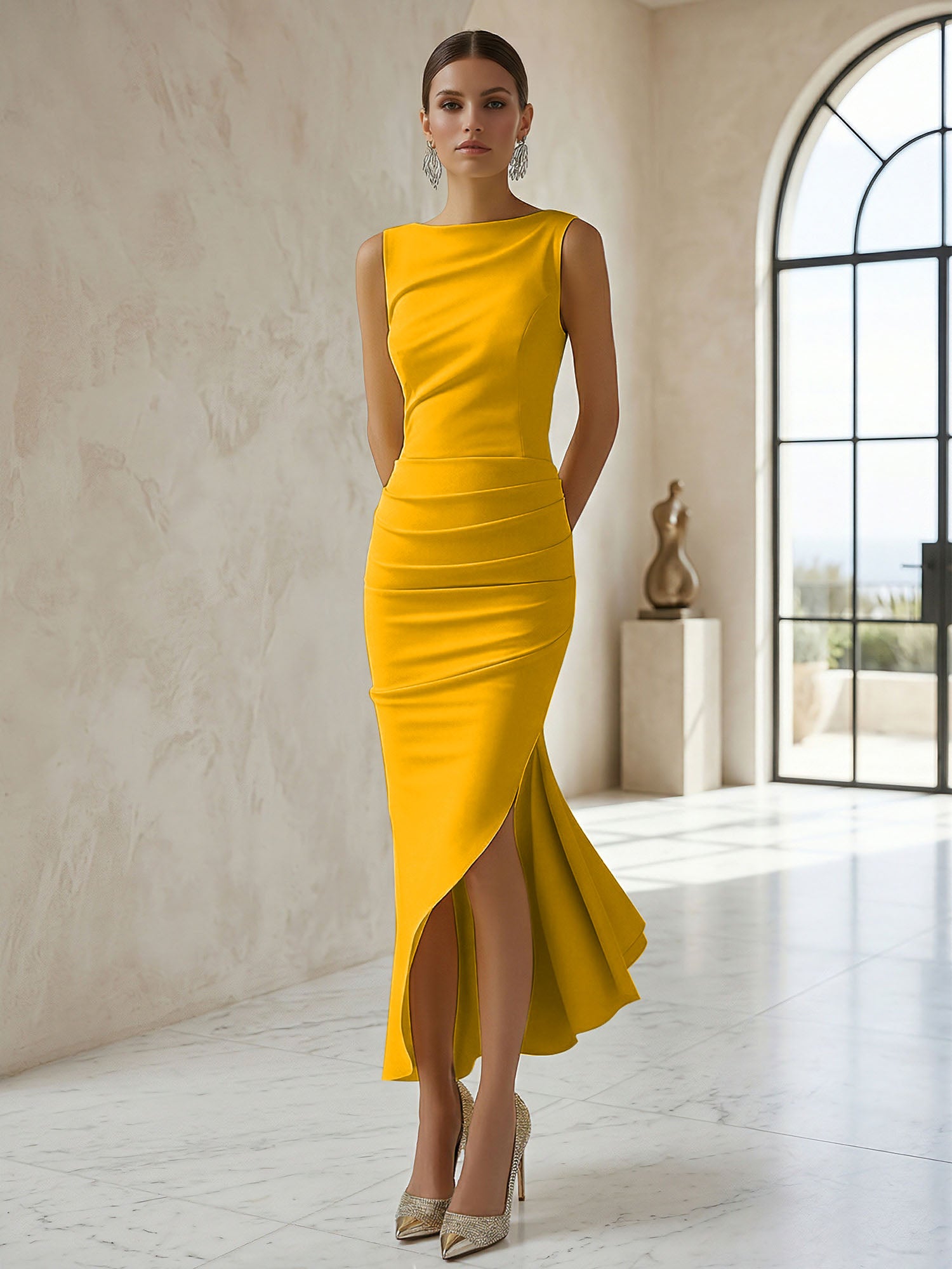 Elegant Formal Evening Gown Butter Yellow Ruched Asymmetrical Midi Dress
