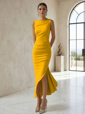 Elegant Formal Evening Gown Butter Yellow Ruched Asymmetrical Midi Dress