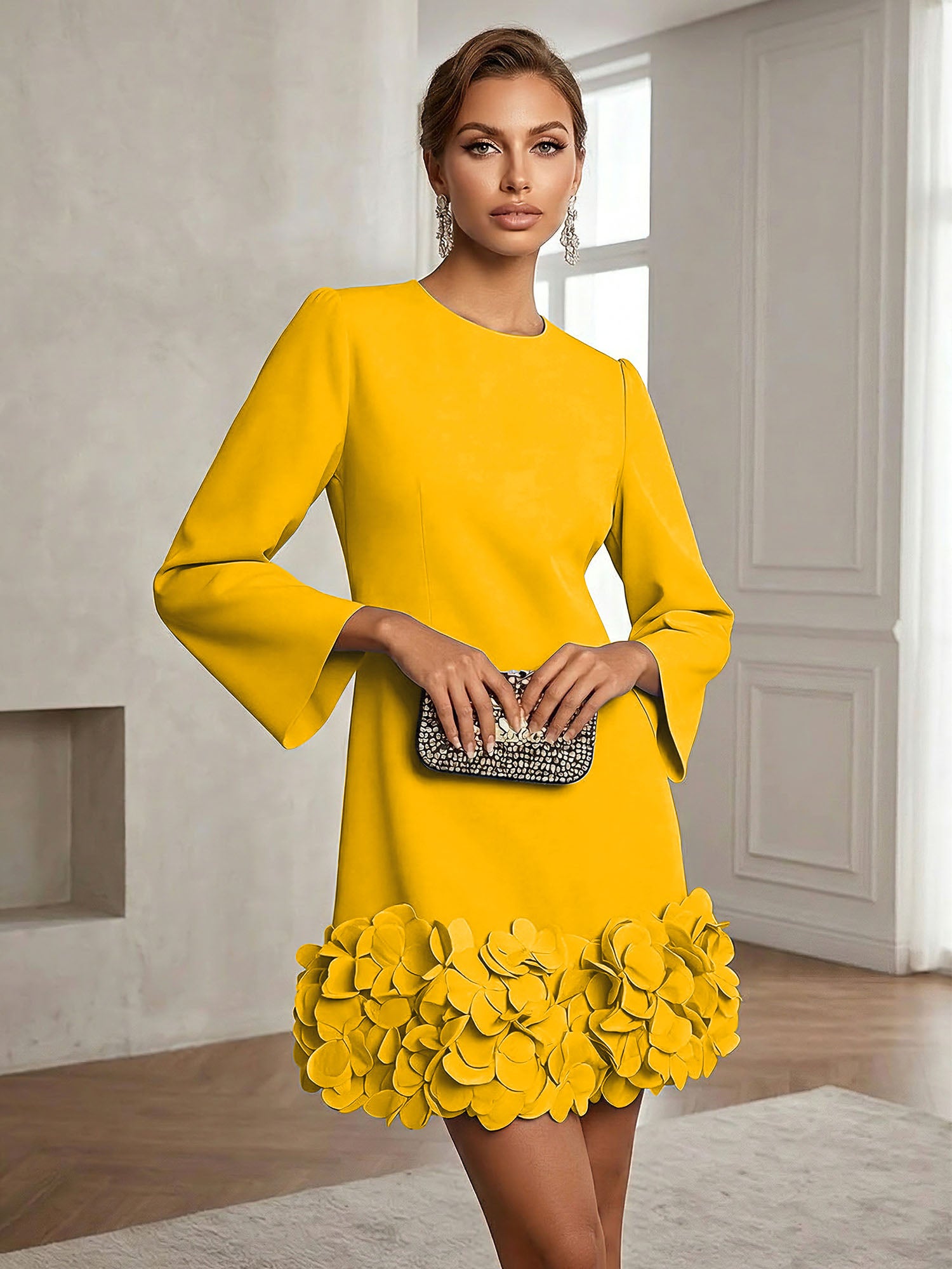 Powder Blue 3D Floral Classic Crew Neck Bell Long Sleeve Shift Mini Dress