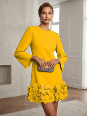 Powder Blue 3D Floral Classic Crew Neck Bell Long Sleeve Shift Mini Dress