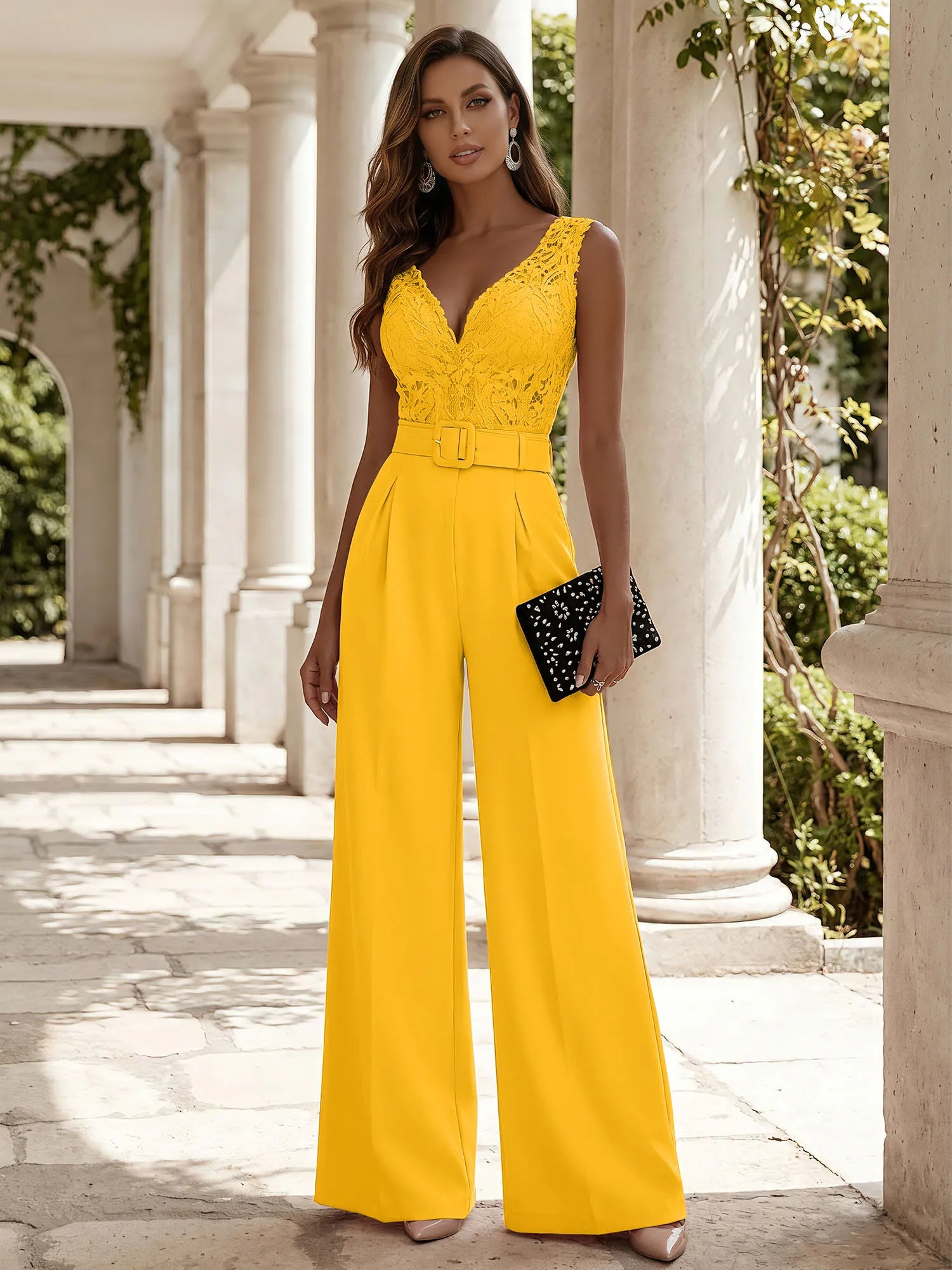 Women Pink Lace Deep V Neck Sleeveless Dressy Jumpsuit