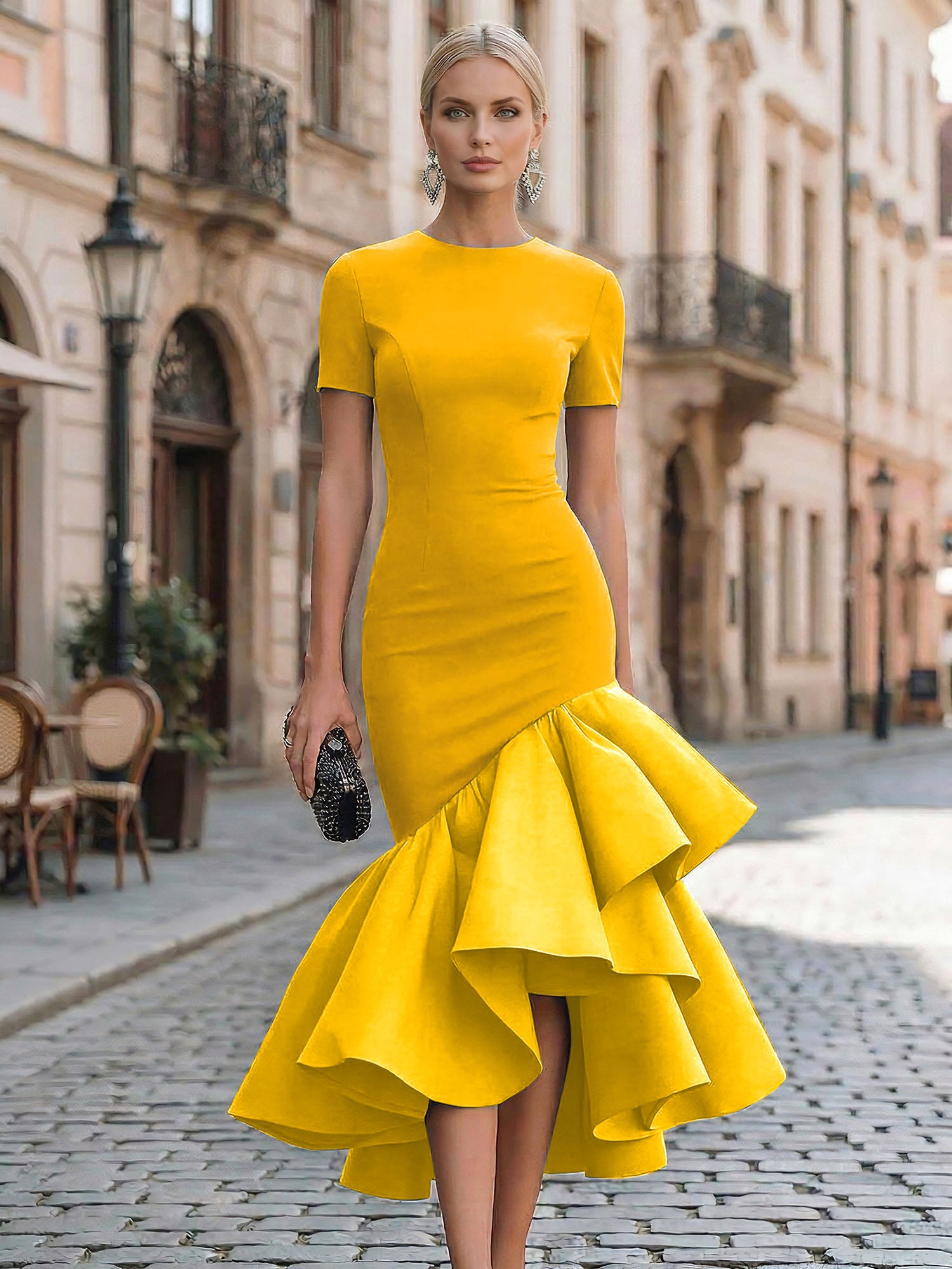 Evening Foraml Gown Avant-Garde Black Short-Sleeve Tiered Ruffle Midi Dress