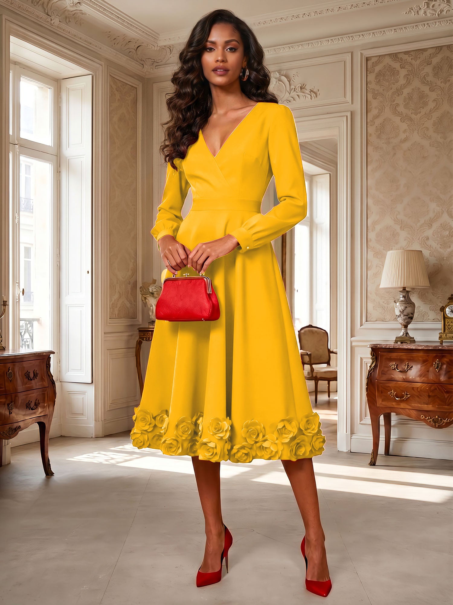 Formal Evening Gown Crimson 3D Rose Hem A-Line Midi Dress