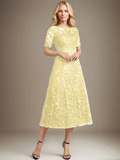 A-line Scoop Illusion Tea-Length Lace Mother of the Bride Dress With Sequins
