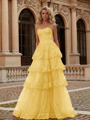 Red Tiered Tulle Strapless Lace Bodice A-Line Long Prom Dress
