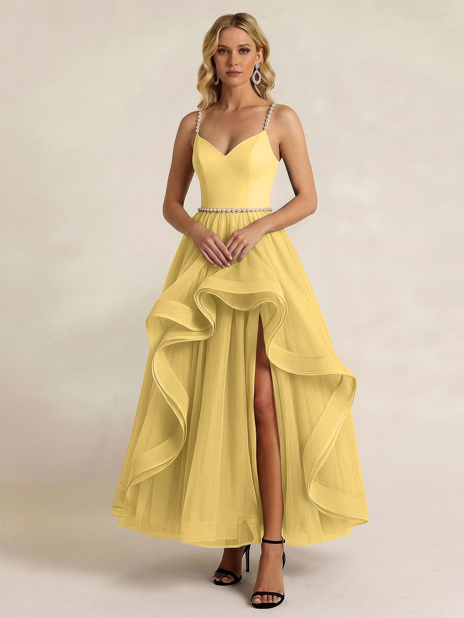 Black Tulle Ruffled A Line Long Formal Dress with Slit