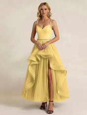 Black Tulle Ruffled A Line Long Formal Dress with Slit