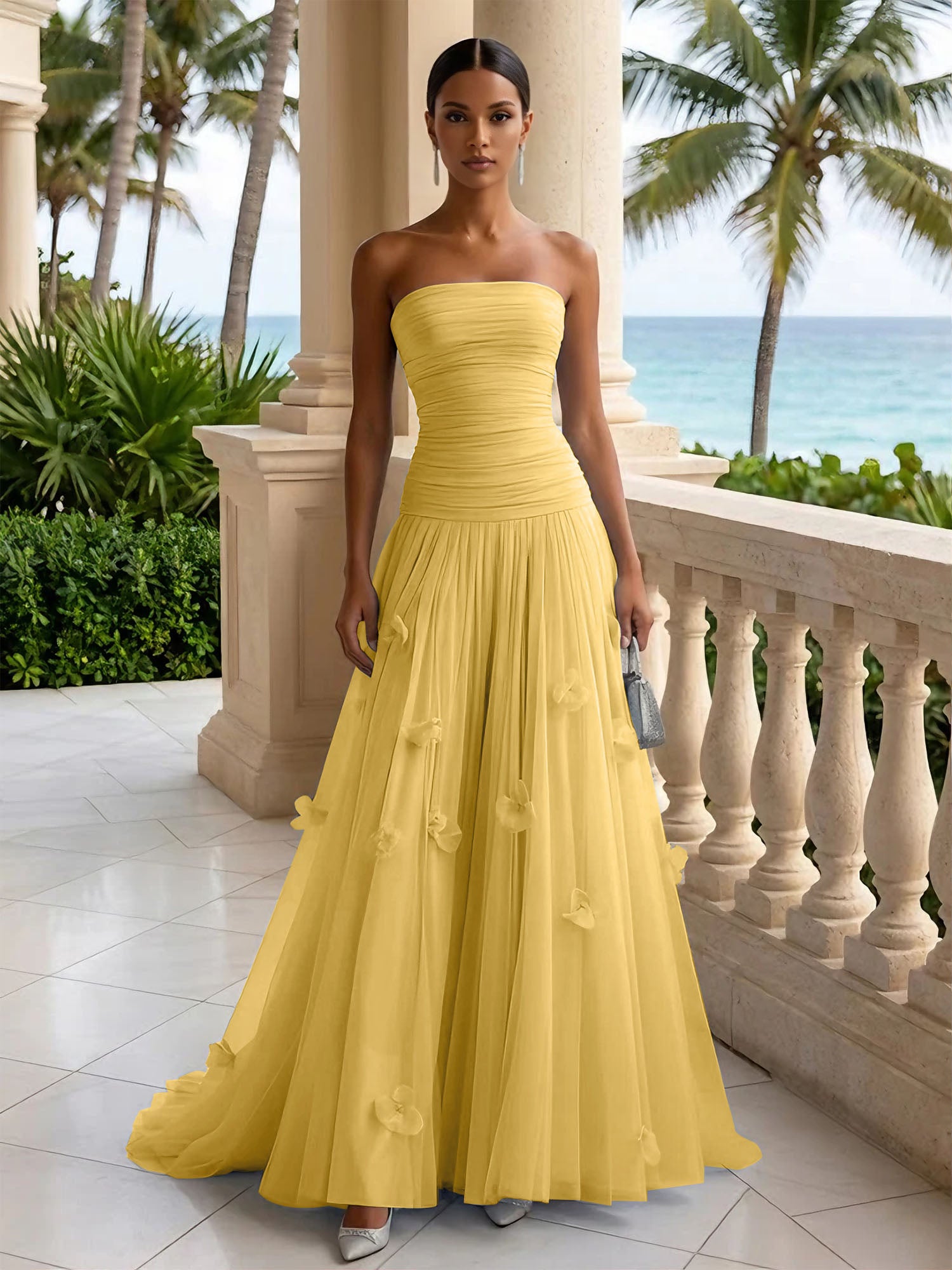 Light Blue Evening Dress with 3D Flower Strapless Pleat Maxi Dress